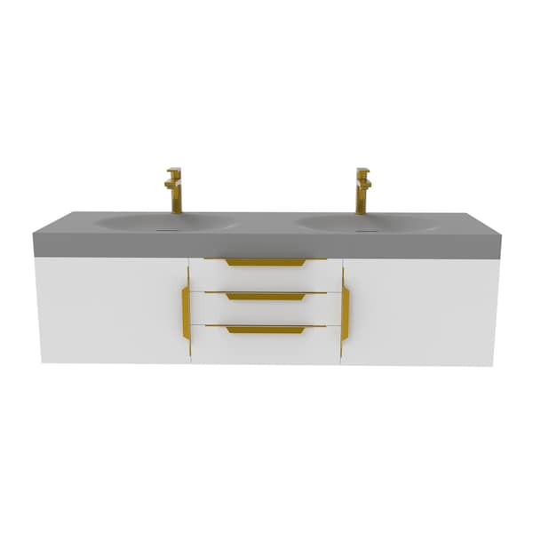 Castello Usa Thames 60-inch White Vanity Set with Gray Top and Gold Handles CB-MC-60W-GLD-20146-GR - main